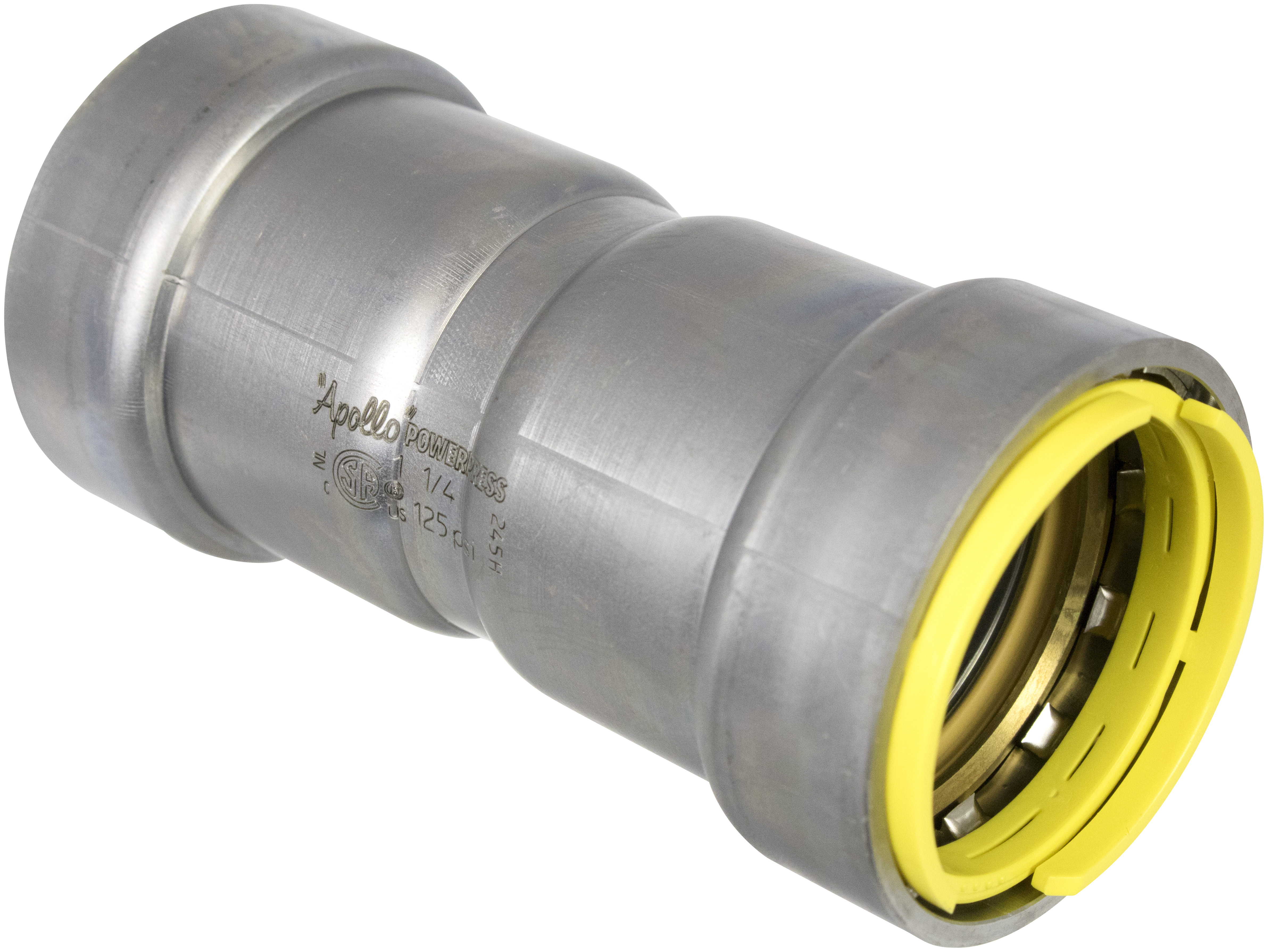 1/2 APOLLO POWERPRESS GAS COUPLING - WITH STOP -  P X P -  1/2 -  CARBON STEEL (ZNNI COATED) -  HNBR SEALING ELEMENT -  VISUAL CONTROL RING TECHNOLOGY (YELLOW) -  MODEL NO. 400G